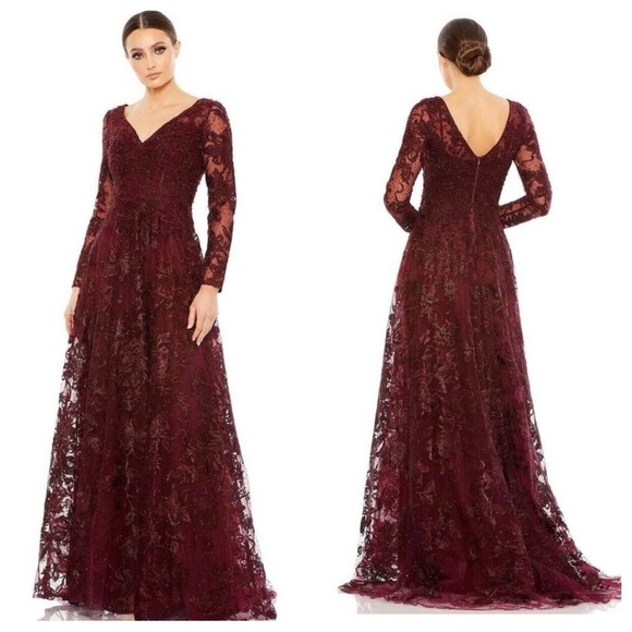 Mac Duggal 20409 Mahogany Deep Red Formal Evening Lace Long Sleeve Gown Womens 8 - Picture 1 of 9